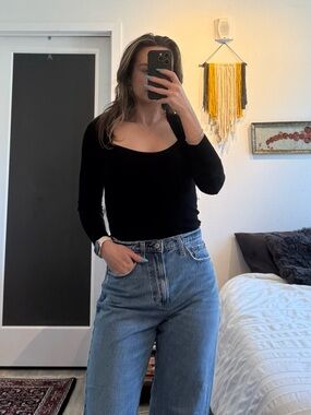 Topshop Black Long-Sleeve Ribbed Square Neck Top